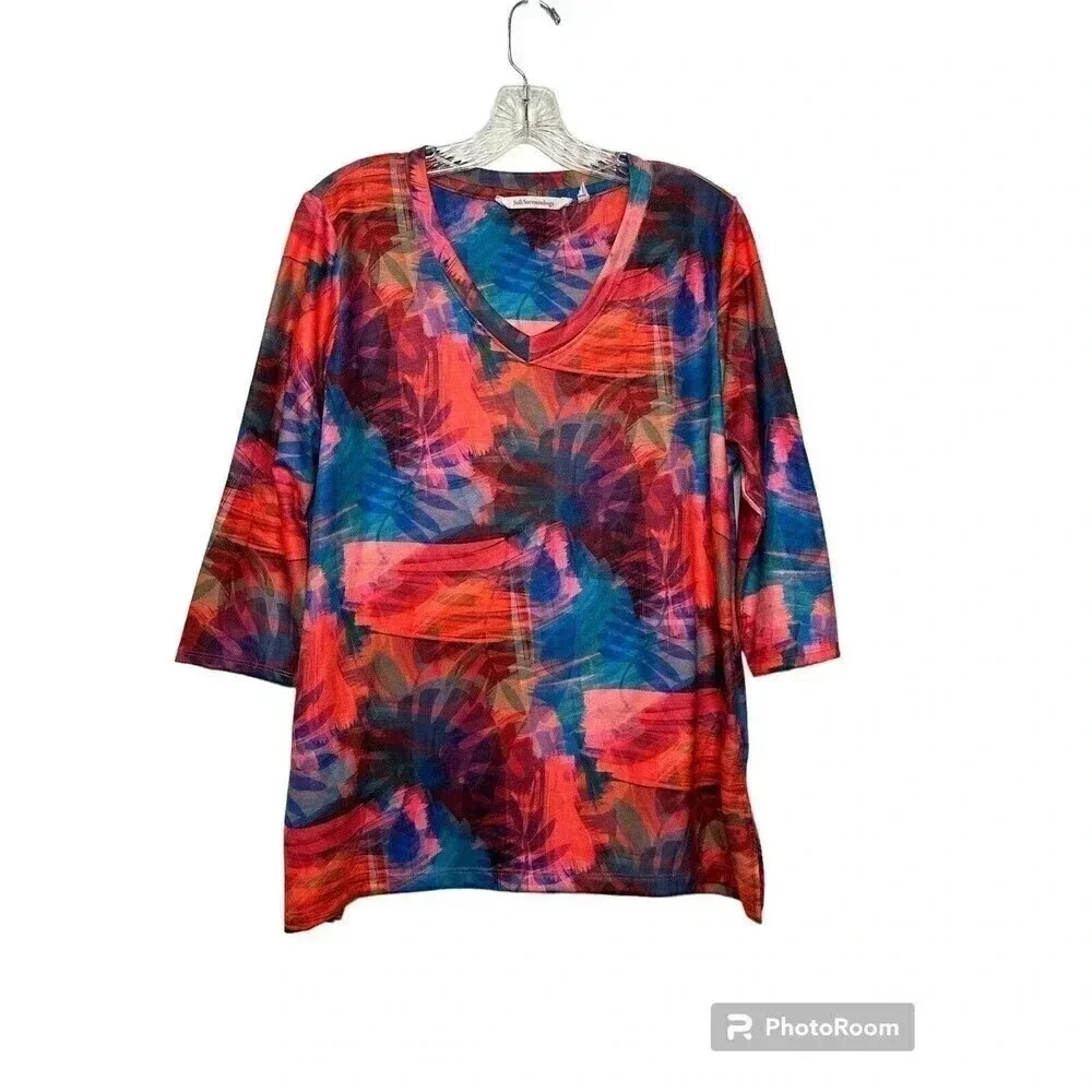 Soft Surroundings Top Petite Large Orange Floral Kulani Tropical Fusion V Neck